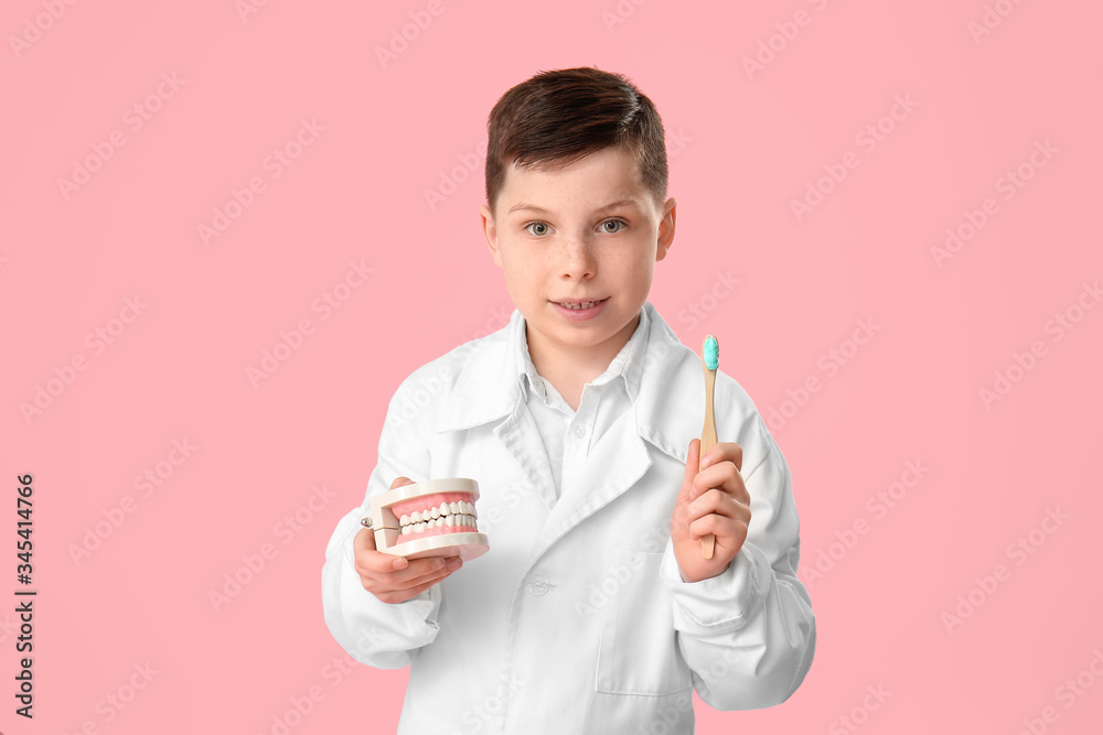 Little dentist with model of jaw and tooth brush on color background