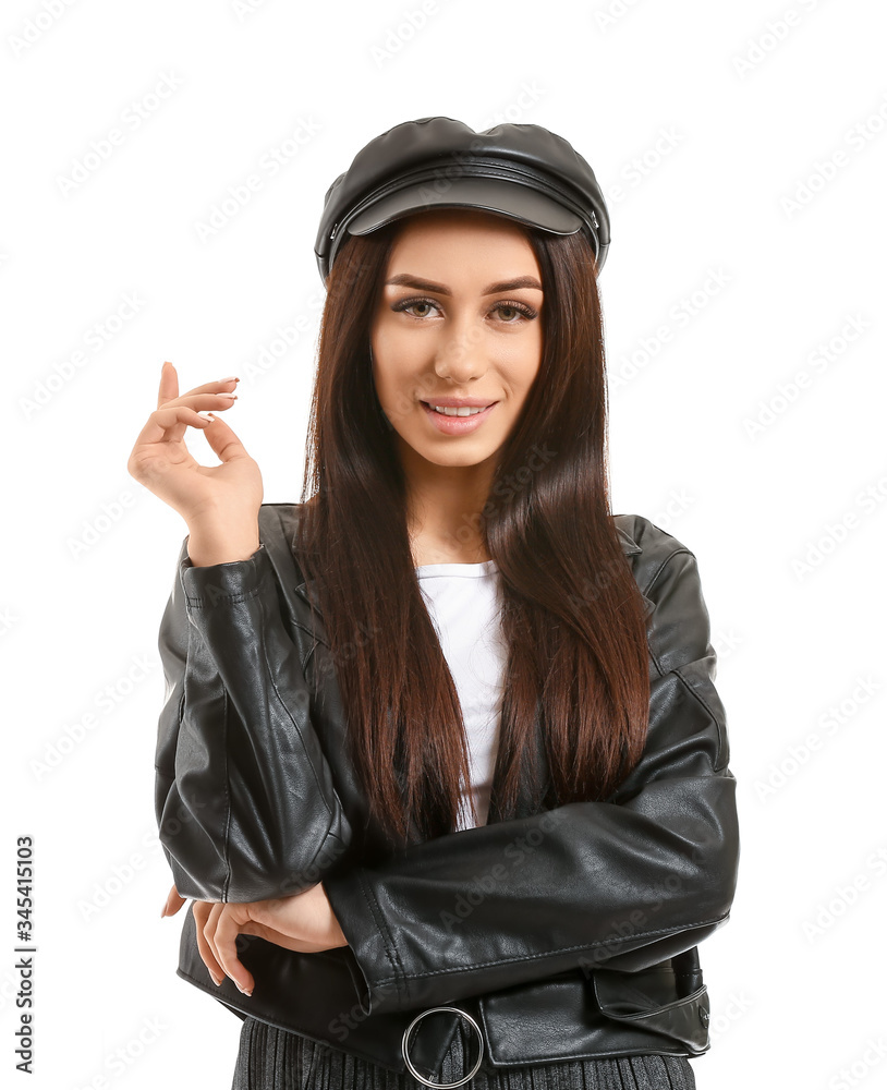 Beautiful young woman on white background