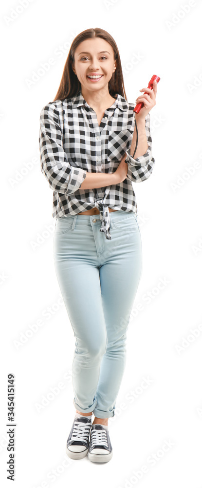 Woman with flashlight on white background