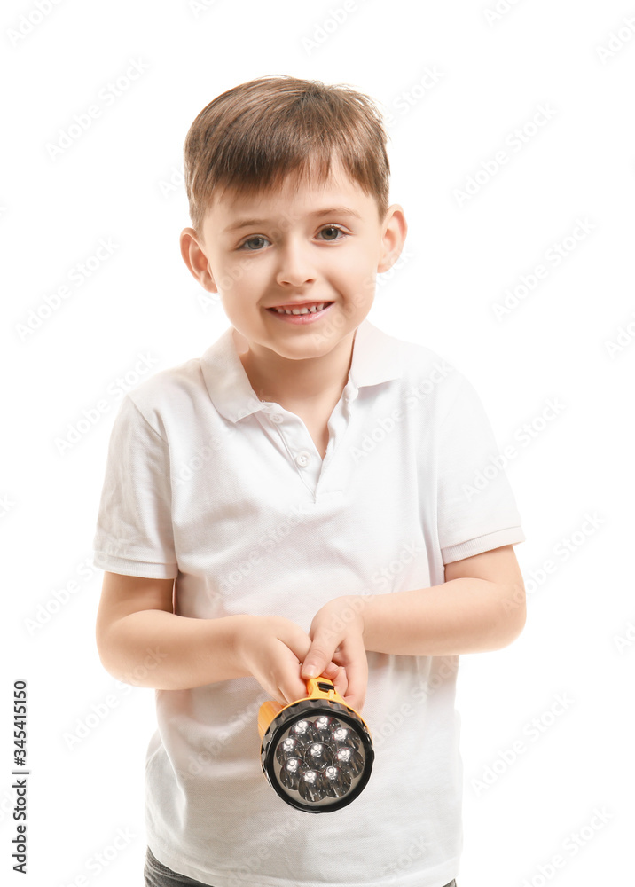 Little boy with flashlight on white background