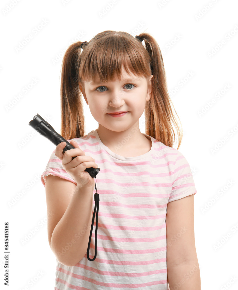 Little girl with flashlight on white background