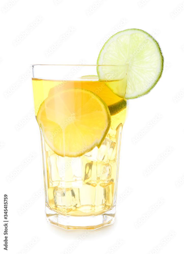 Glass of tasty cold ice tea on white background