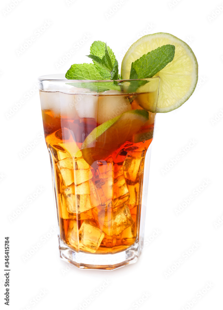 Glass of tasty cold ice tea on white background