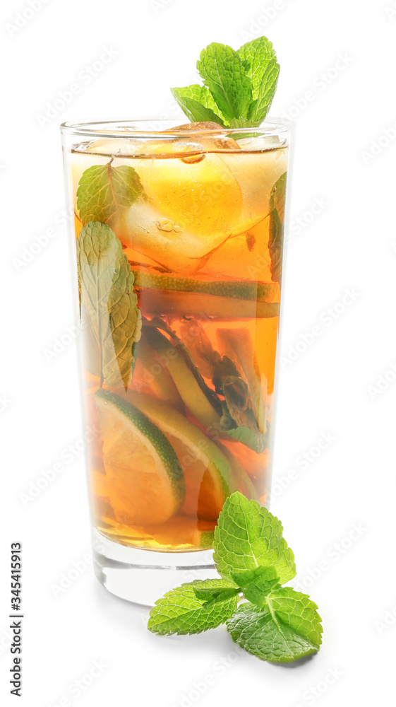 Glass of tasty cold ice tea on white background