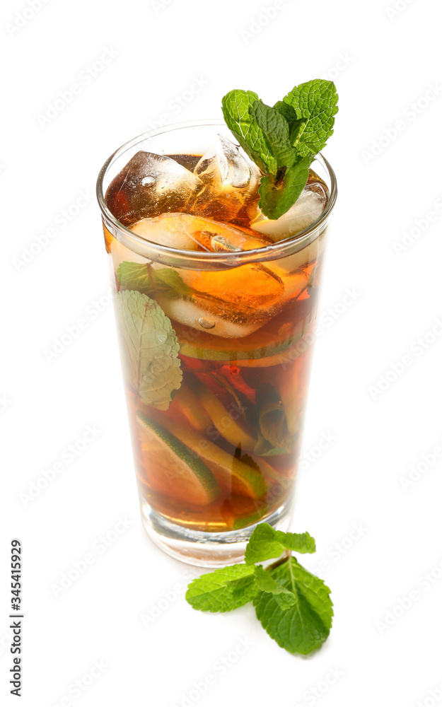 Glass of tasty cold ice tea on white background