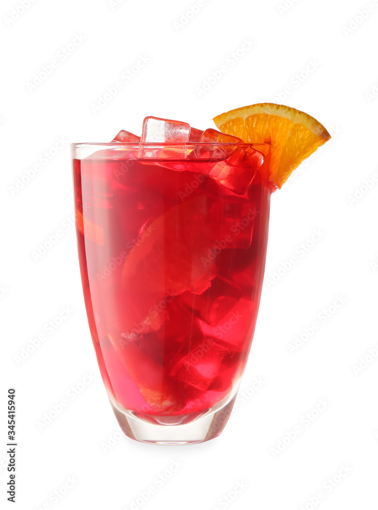 Glass of tasty cold ice tea on white background