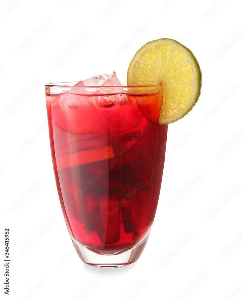 Glass of tasty cold ice tea on white background