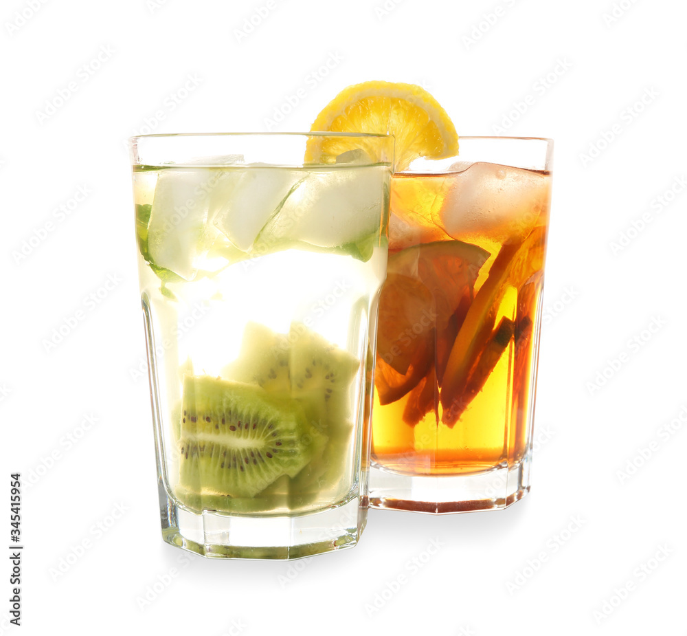 Glasses of tasty cold ice tea on white background