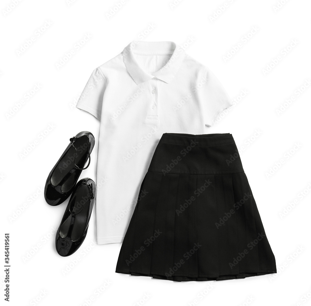 Stylish school uniform on white background