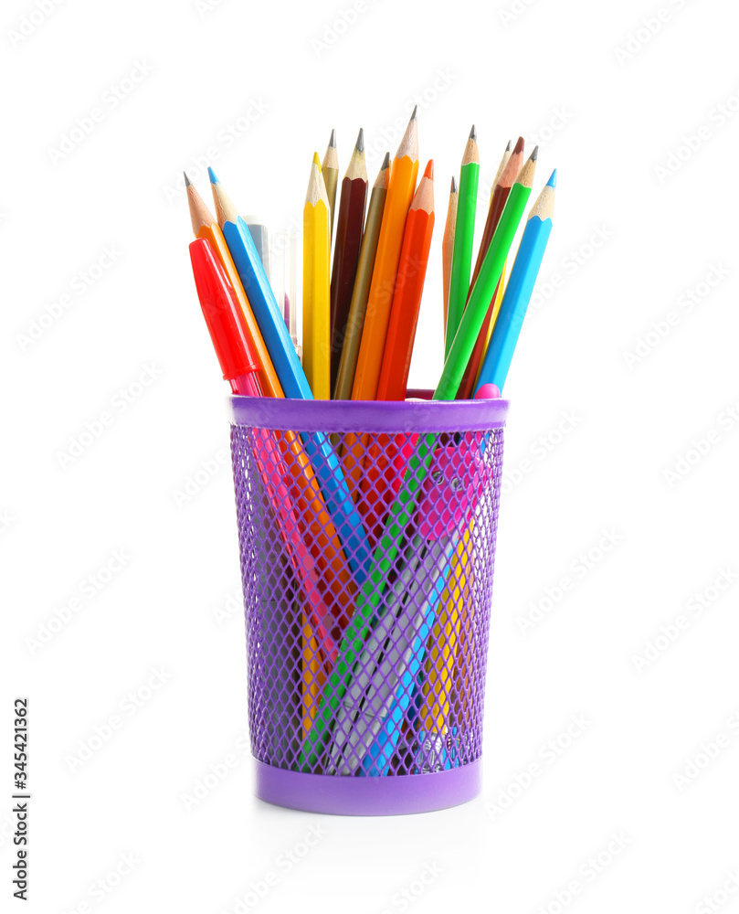 Holder with stationery on white background