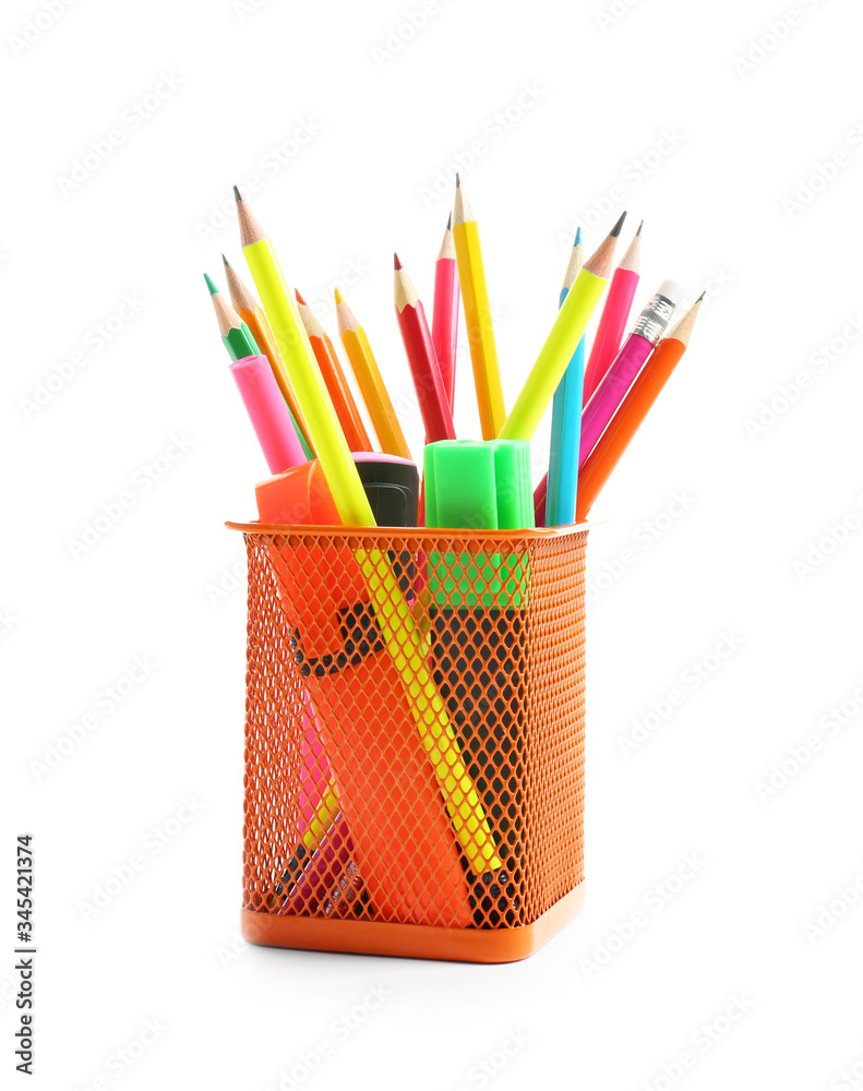 Holder with stationery on white background