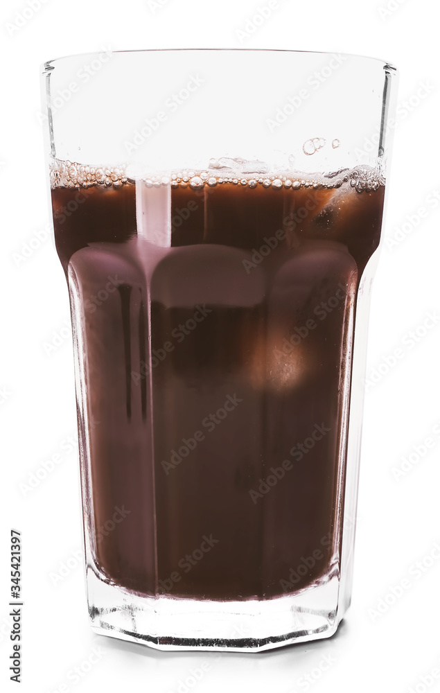 Glass of tasty iced coffee on white background