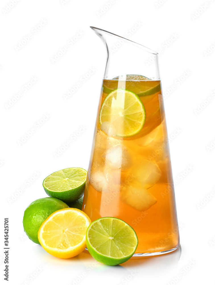 Jug of tasty cold tea on white background