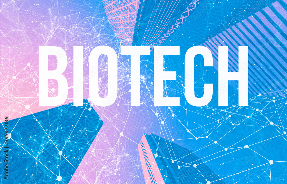 具有抽象网络模式和摩天大楼的生物技术主题