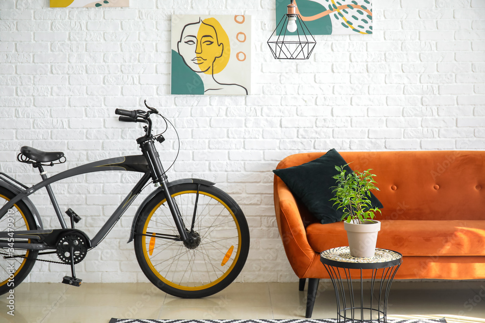 Interior of modern living room with comfortable sofa and bicycle