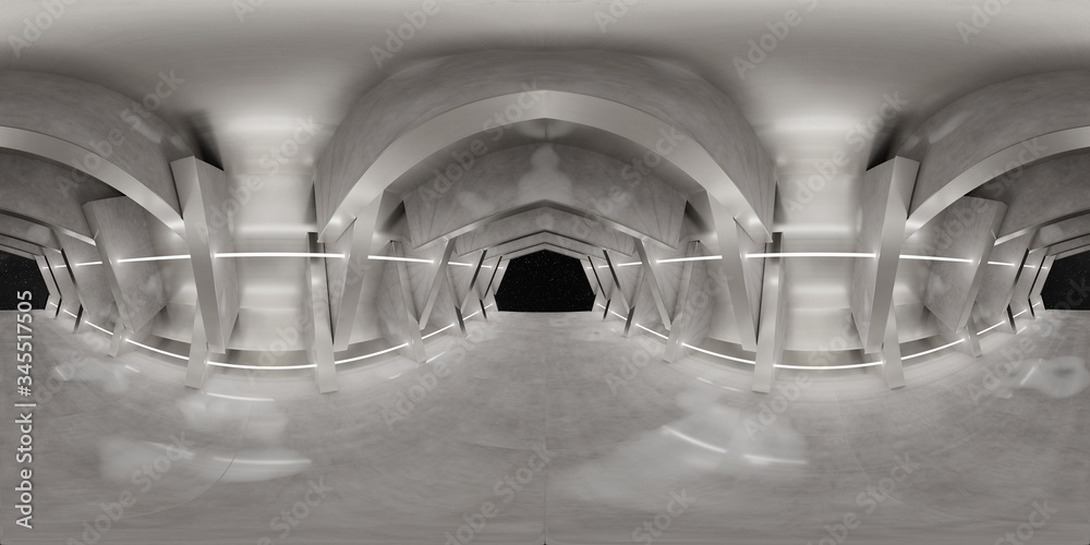 High resolution HDRI panoramic of a concrete futuristic interior looking like a spaceship. 360 panor