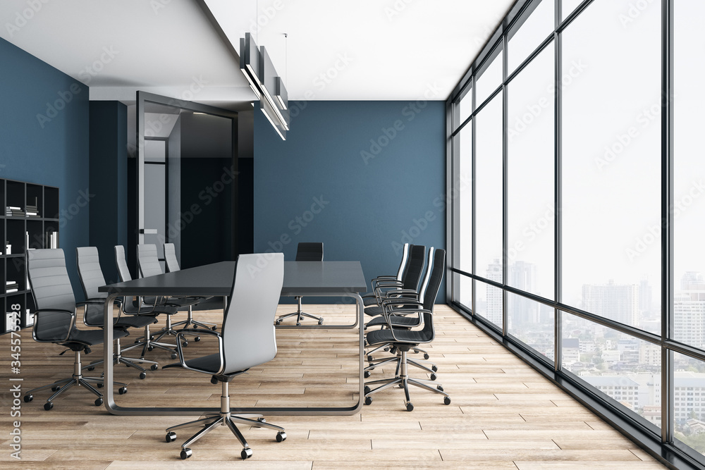 Contemporary conference room interior with city view.