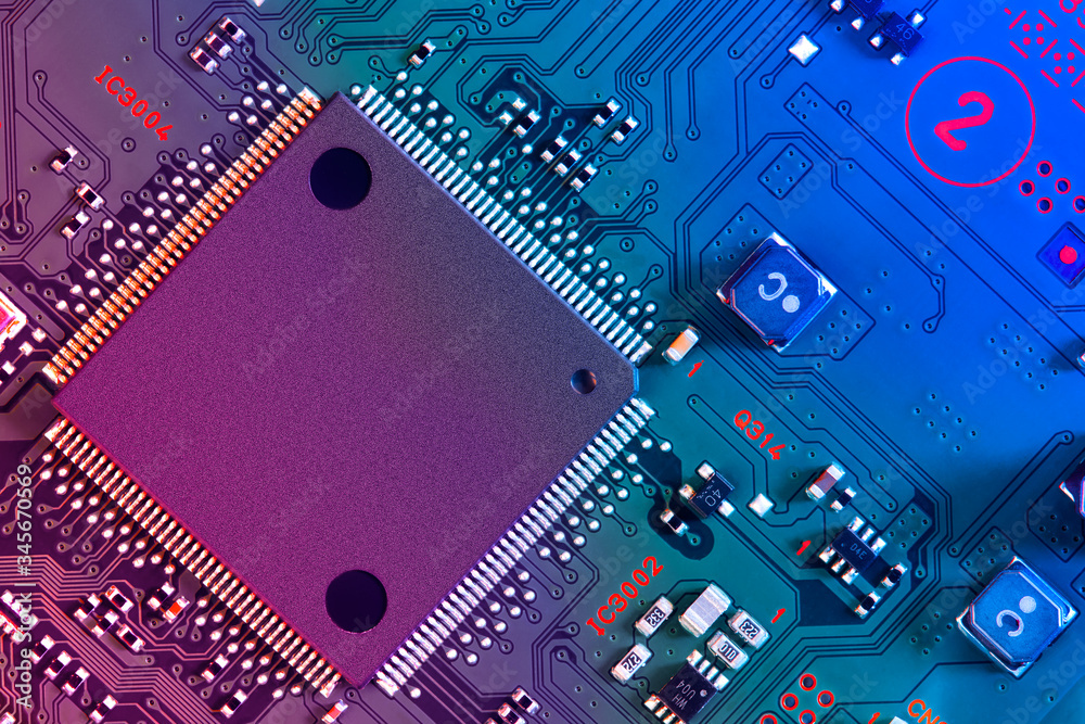 Electronic circuit board close up.	