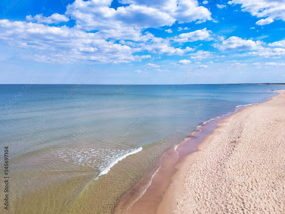 Aerial landscape of the beautiful beach at Baltic Sea in Sobieszewo, Poland