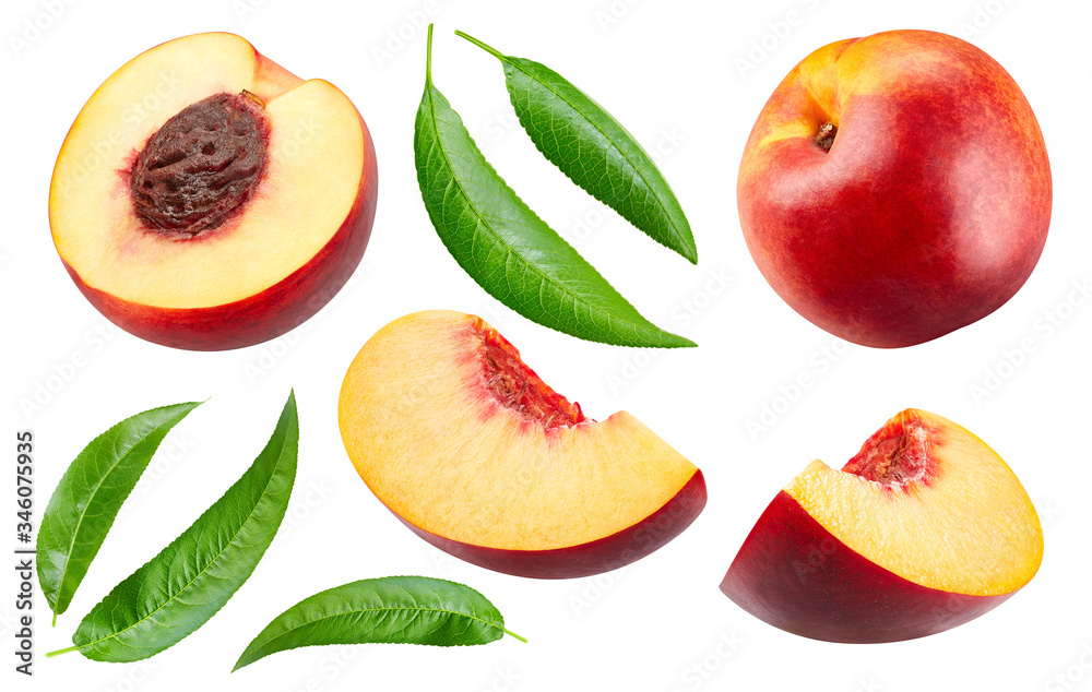 Half nectarine fruit with leaf isolated. Peach collection with clipping path. Full depth of field