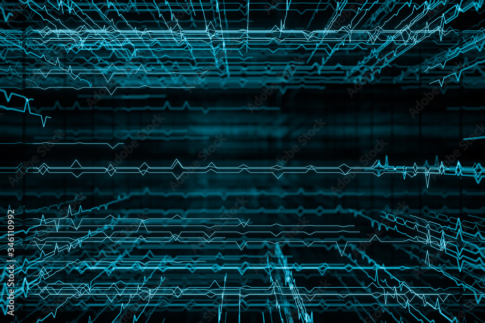 Glowing pulsating graphic lines, scientific background, 3d rendering