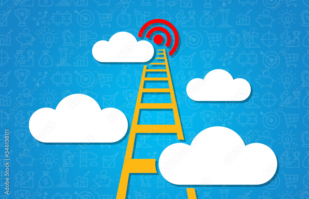 Leadership and success. Stairway reaching up into sky, blue background. Illustration