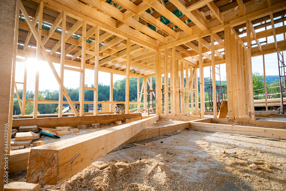 Interior frame of new wooden house under construction