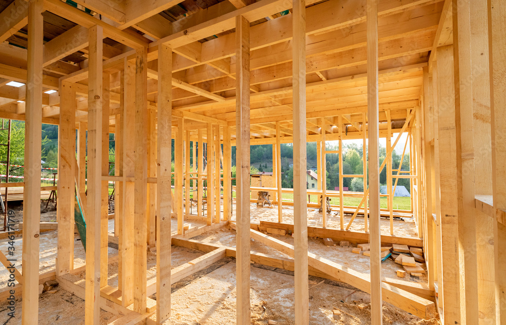 New interior residential wooden construction house framing