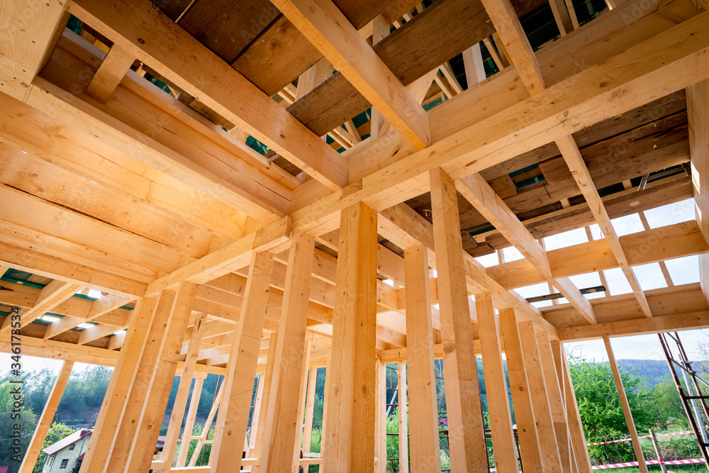 New interior residential wooden construction house framing