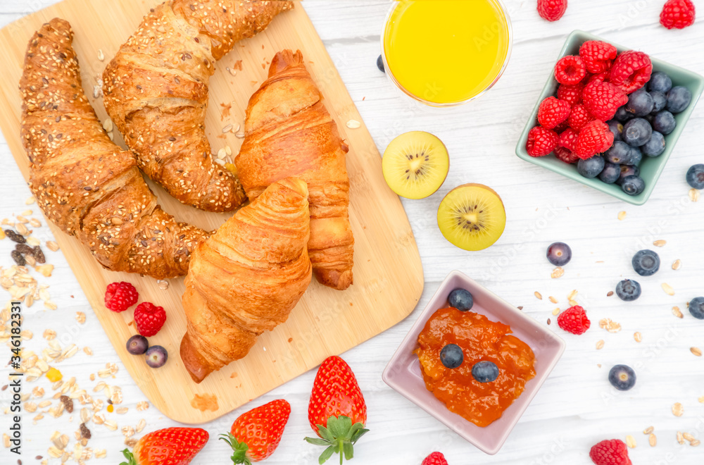 Breakfast Served in the morning with Butter croissant and corn flakes Whole grains and raisins with 