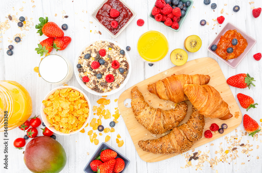 Breakfast Served in the morning with Butter croissant and corn flakes Whole grains and raisins with 