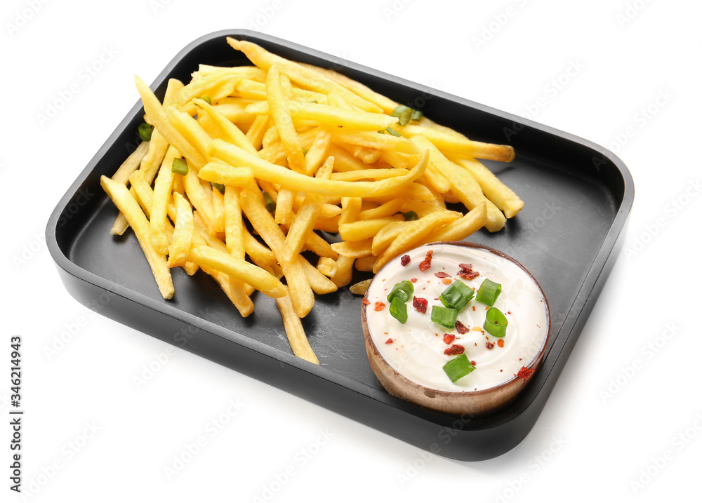 Plate with tasty sour cream and french fries on white background