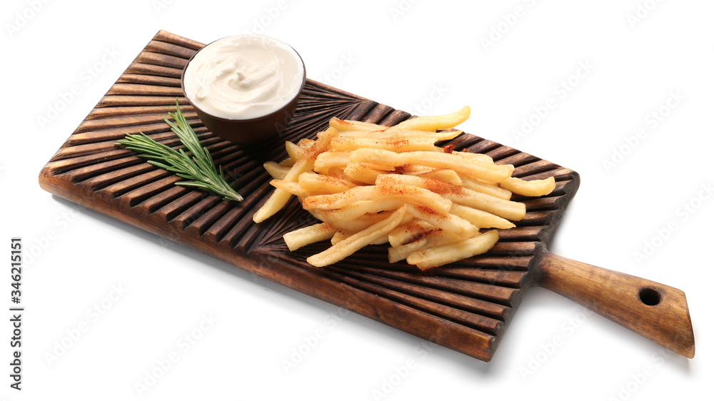 Board with tasty sour cream and french fries on white background