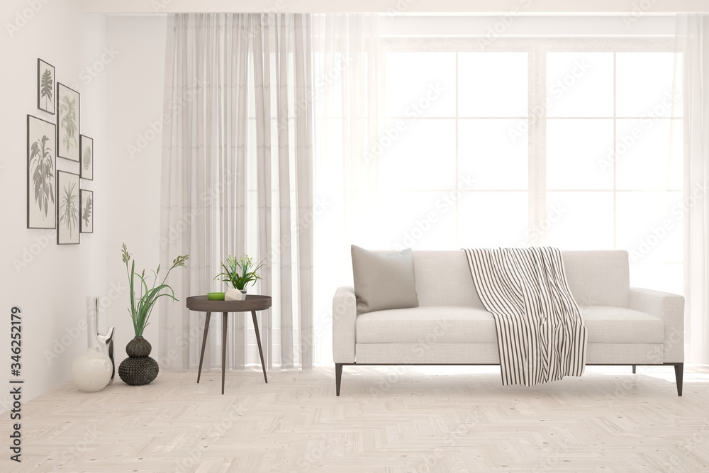 White living room with sofa. Scandinavian interior design. 3D illustration