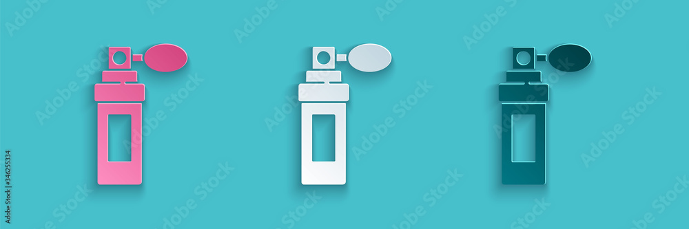 Paper cut Perfume icon isolated on blue background. Paper art style. Vector Illustration