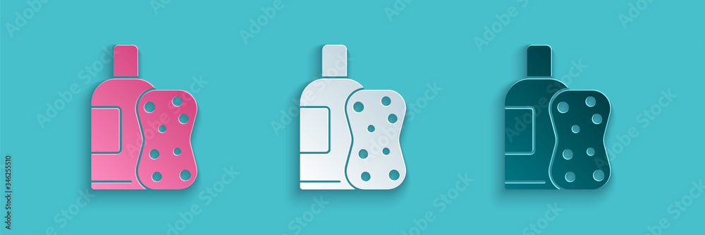 Paper cut Bottle of shampoo and sponge icon isolated on blue background. Paper art style. Vector Ill