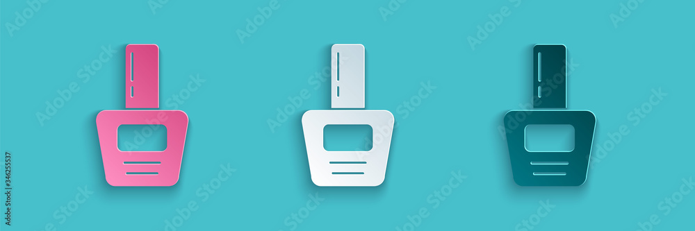 Paper cut Nail polish bottle icon isolated on blue background. Paper art style. Vector Illustration