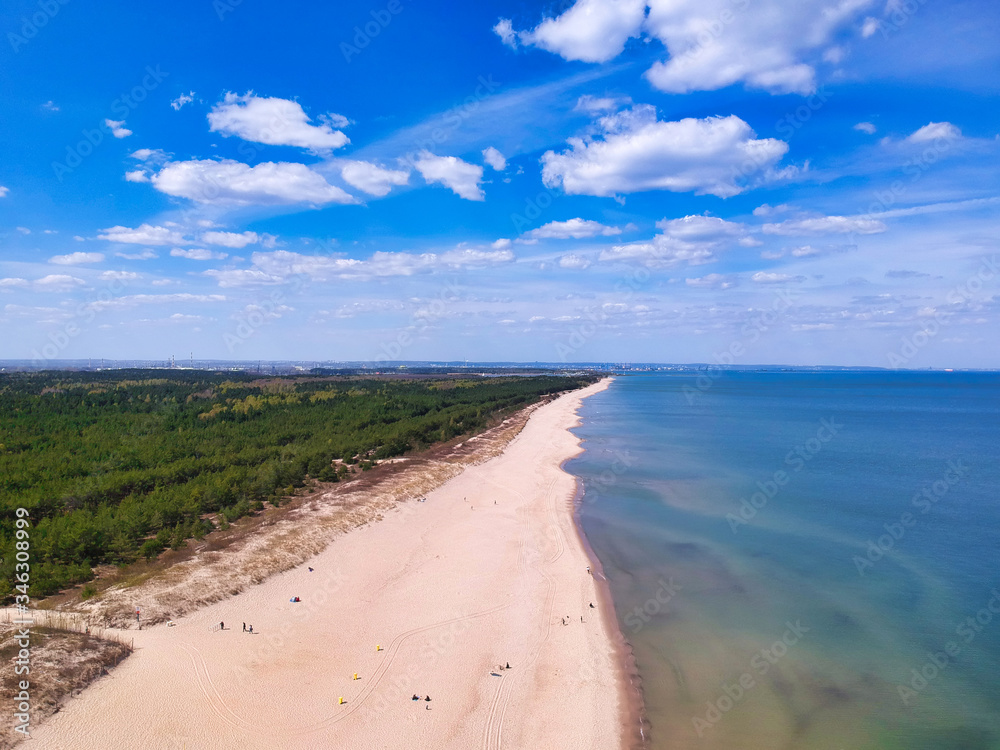 Aerial landscape of the beautiful beach at Baltic Sea in Sobieszewo, Poland