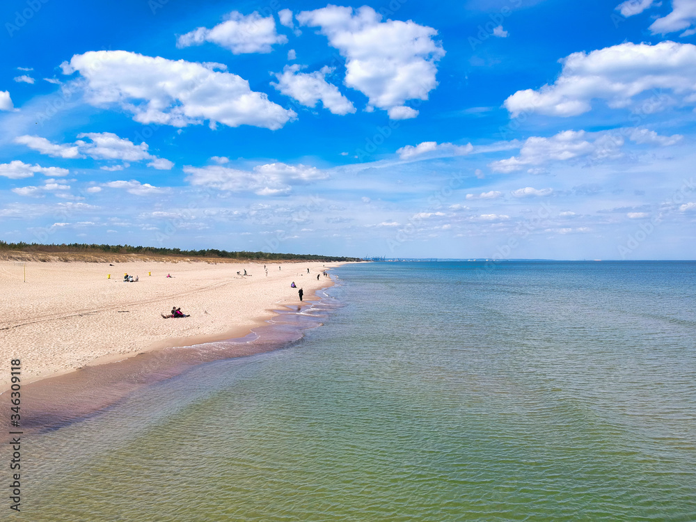 Aerial landscape of the beautiful beach at Baltic Sea in Sobieszewo, Poland