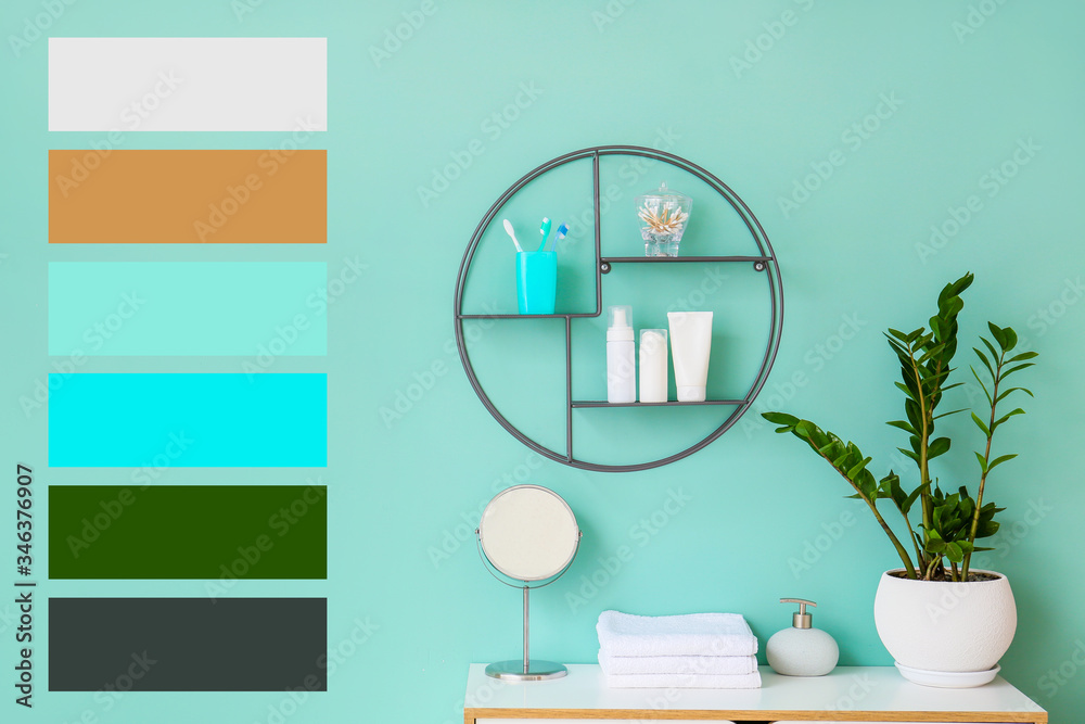 Interior of bathroom with modern shelf. Different color patterns