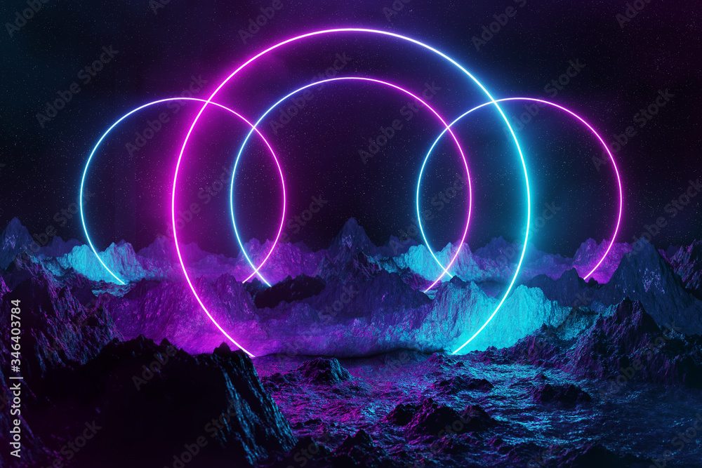 Abstract background with blue and pink neon light circles reflecting on asteroid ground 3D rendering