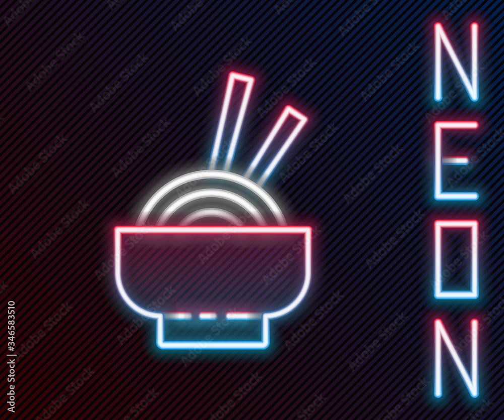 Glowing neon line Asian noodles in bowl and chopsticks icon isolated on black background. Street fas