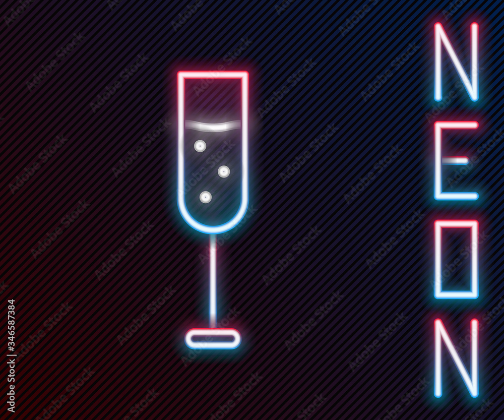 Glowing neon line Glass of champagne icon isolated on black background. Colorful outline concept. Ve