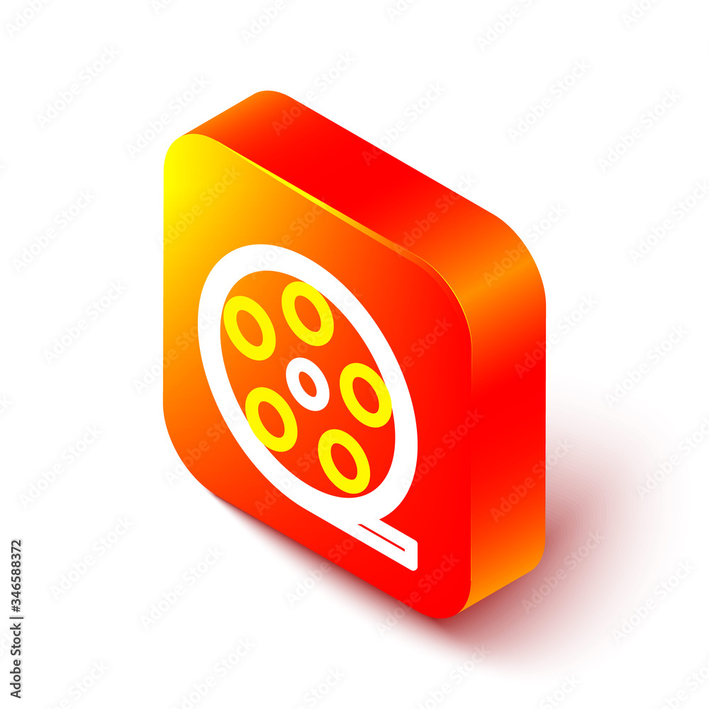 Isometric line Film reel icon isolated on white background. Orange square button. Vector Illustratio