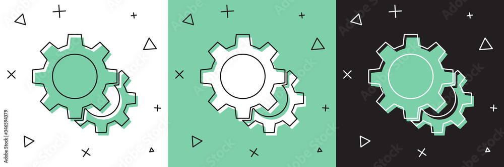 Set Gear icon isolated on white and green, black background. Cogwheel gear settings sign. Cog symbol