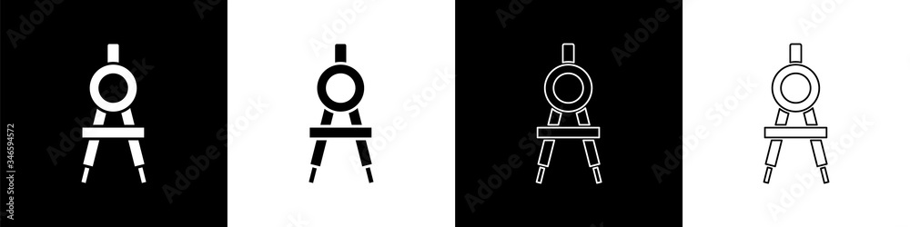 Set Drawing compass icon isolated on black and white background. Compasses sign. Drawing and educati