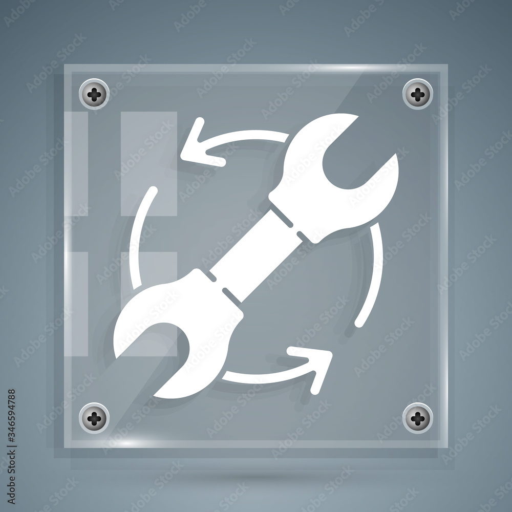 White Wrench spanner and arrows as workflow icon isolated on grey background. Adjusting, service, se