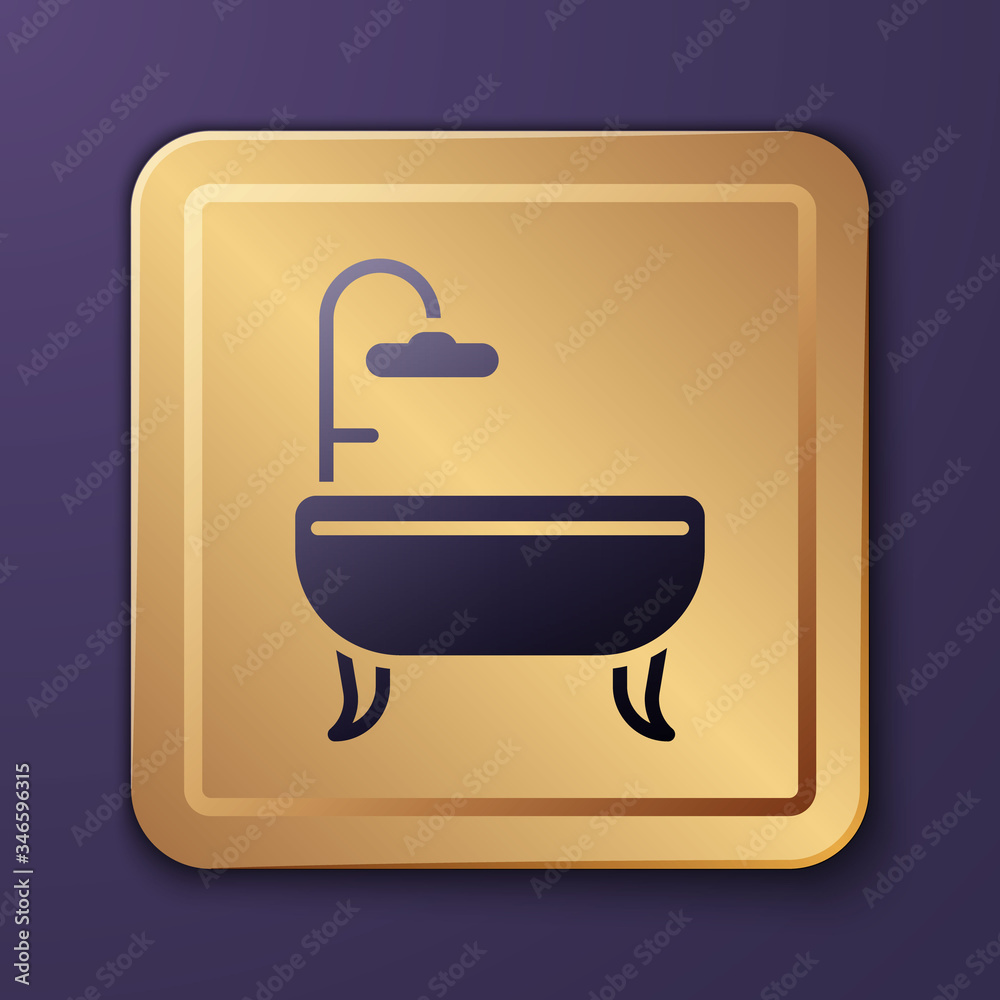 Purple Bathtub icon isolated on purple background. Gold square button. Vector Illustration