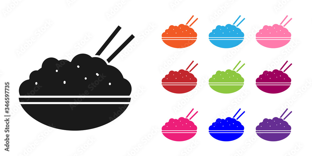 Black Rice in a bowl with chopstick icon isolated on white background. Traditional Asian food. Set i