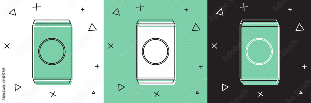 Set Soda can with drinking straw icon isolated on white and green, black background.  Vector Illustr